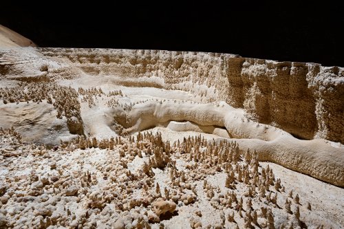 Aven d'Orgnac-Issirac (Ardèche) - Salle Nord : détail d'un gour blanc avec petit "sapins" au fond(SP-21-0302)